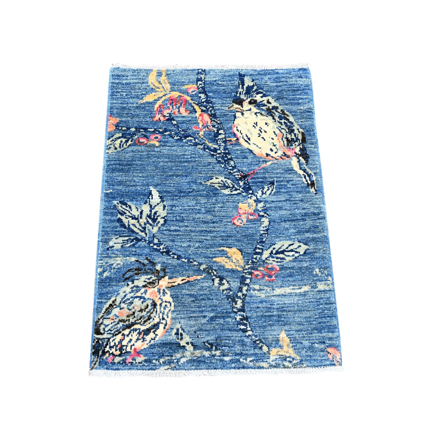 2'x2'10" Imperial Blue, Sparrows on the Tree, Peshawar, Finely Hand Knotted, Soft, High Mountain Wool, Mat, Sample, Oriental Rug 